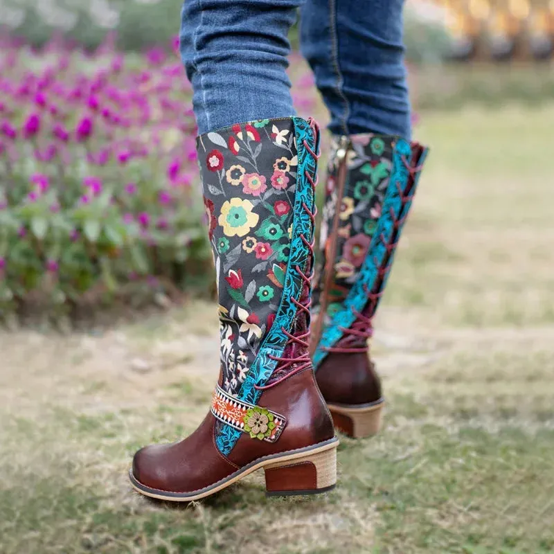 Lady Flower Embroidered Jacquard Print Cloth Spring Boots & Genuine Leather