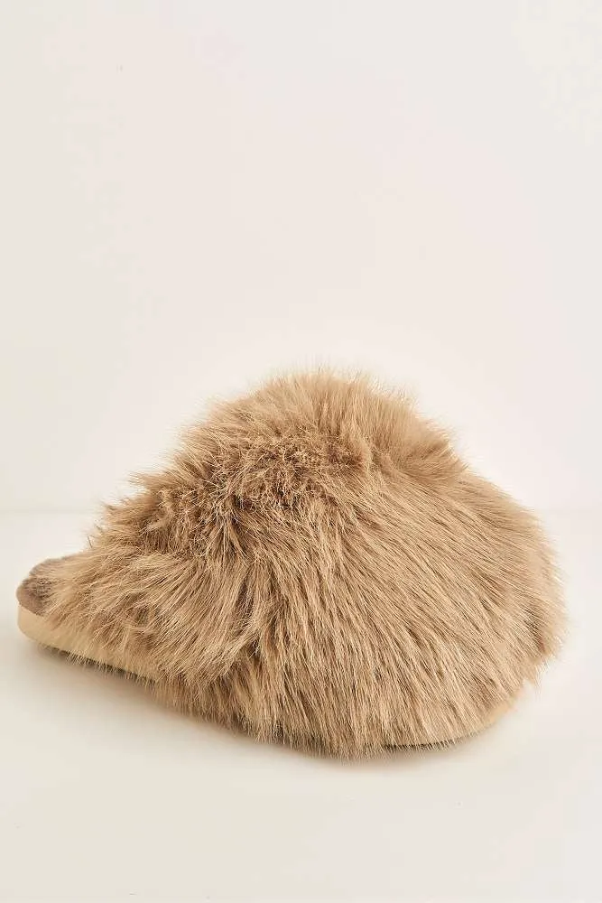 Mimi Fluffy Flat Slippers in Taupe