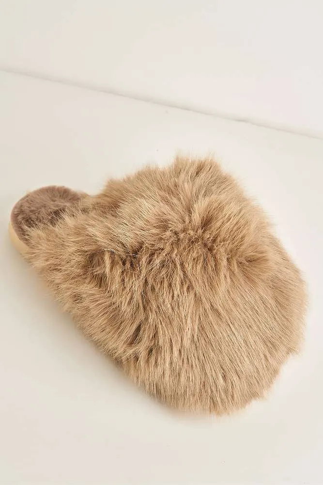 Mimi Fluffy Flat Slippers in Taupe