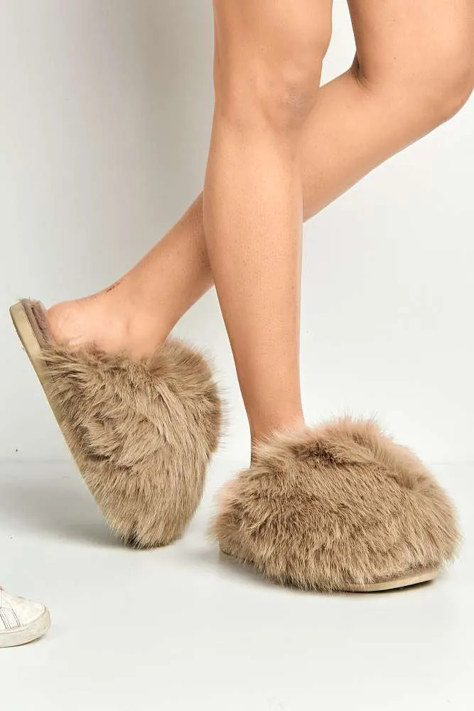 Mimi Fluffy Flat Slippers in Taupe