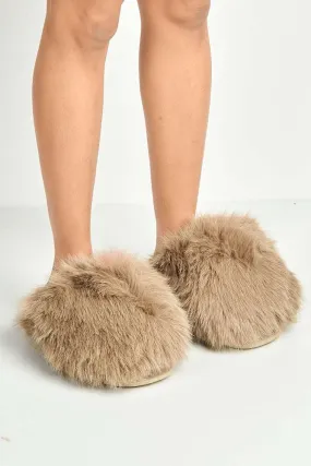 Mimi Fluffy Flat Slippers in Taupe