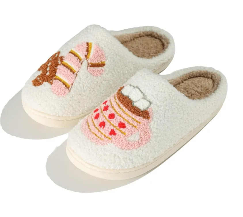 Plush Christmas Print Slide On Slippers
