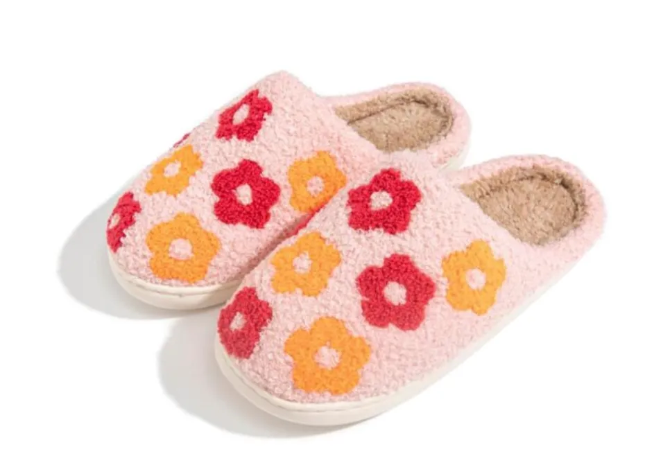 Plush Flower Print Slide On Slippers