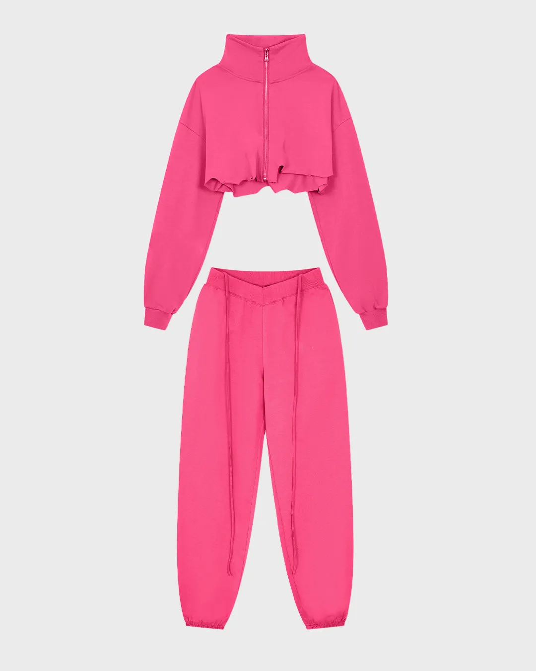 Set Crop Top With Long Sleeve Drawstring & Slim Joggers In Pink
