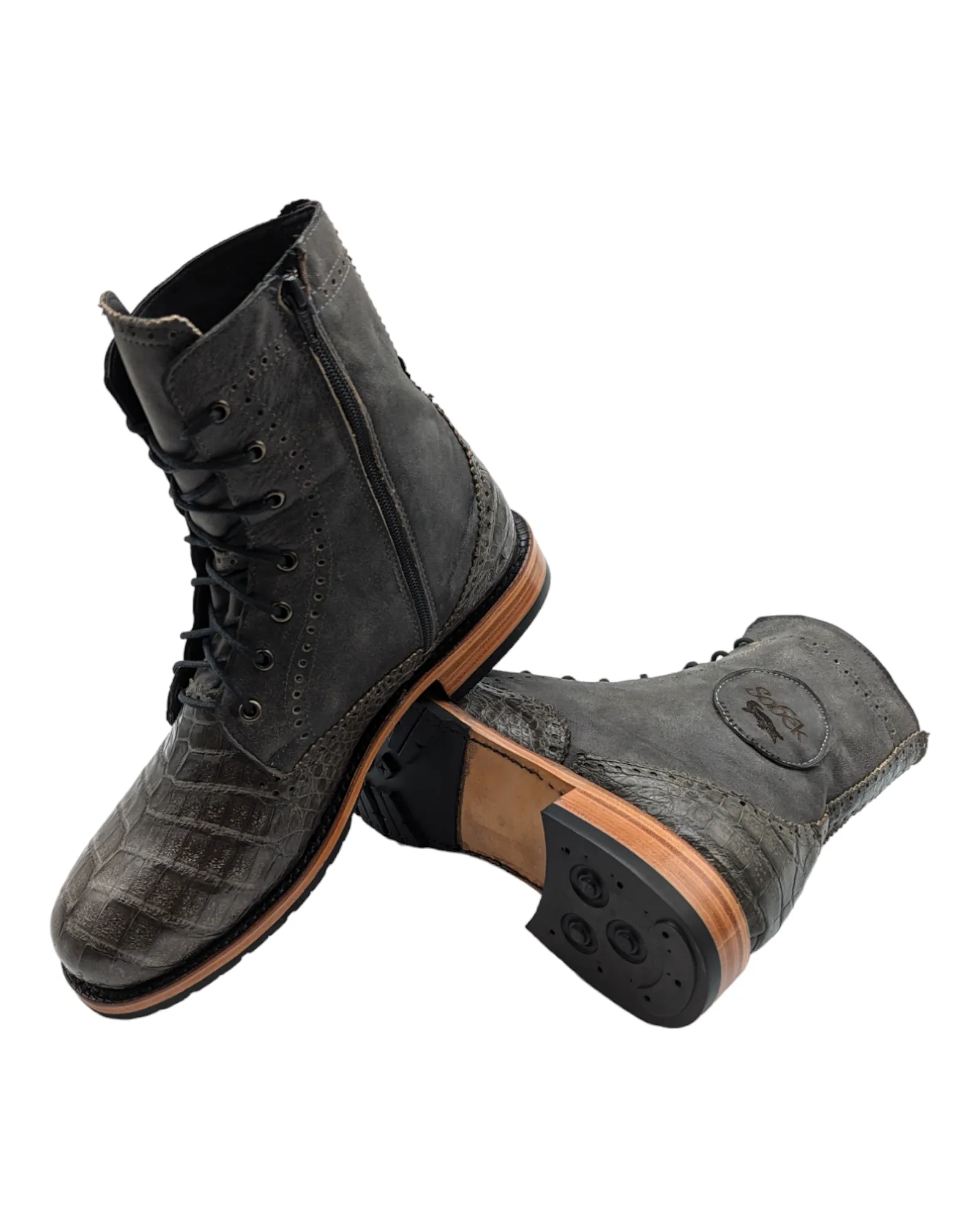 Sobèk's Gunmetal Grey Lace Up Goodyear Welt Alligator Boots