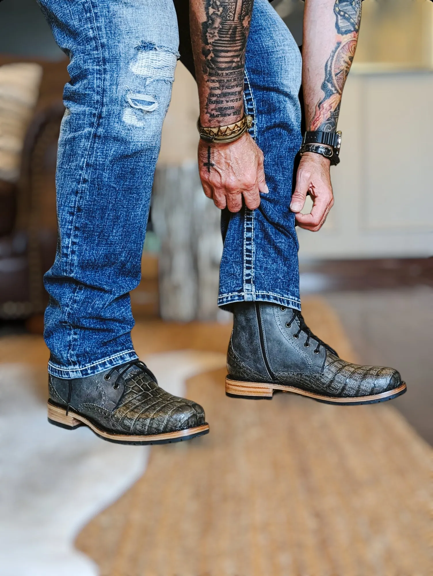 Sobèk's Gunmetal Grey Lace Up Goodyear Welt Alligator Boots