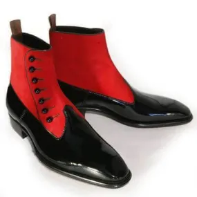 Stylish Men Handmade Black & Red Leather & Suede Boots, men ankle shoes