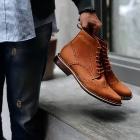 Stylish Men's Handmade Tan Color Ankle High Leather Lace Up Boots