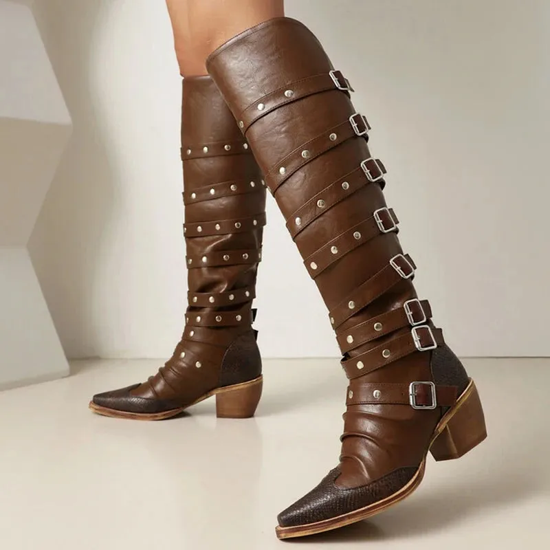Trend4us Women's Stylish Western Knee-High Buckles Boots