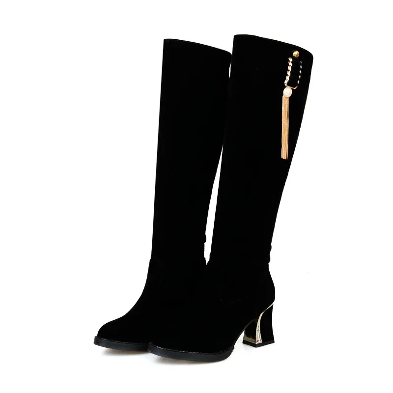 Velvet Knee High Boots with 6cm Heels for Autumn/Winter