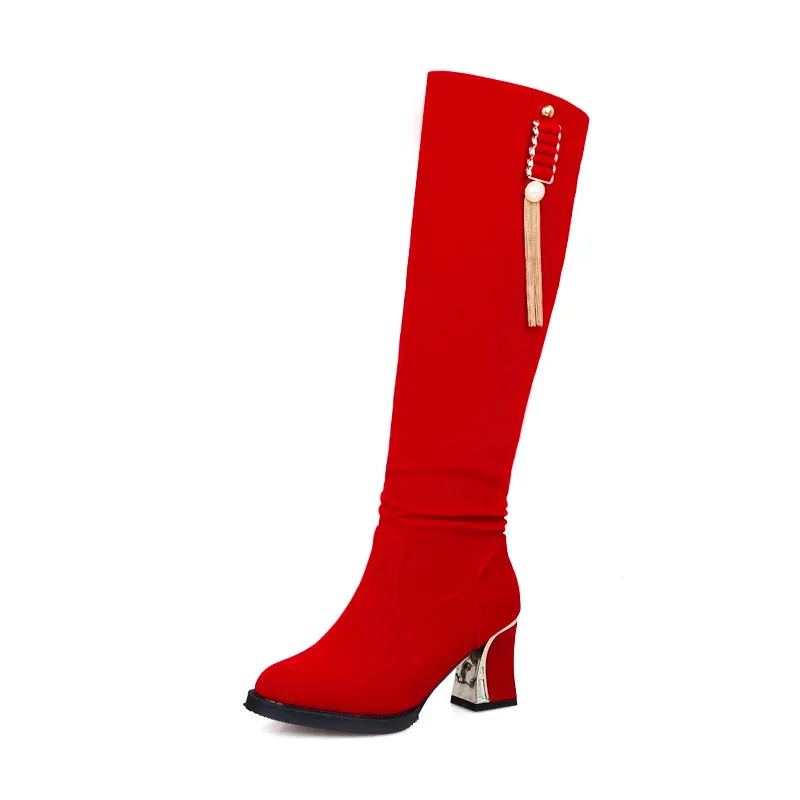 Velvet Knee High Boots with 6cm Heels for Autumn/Winter