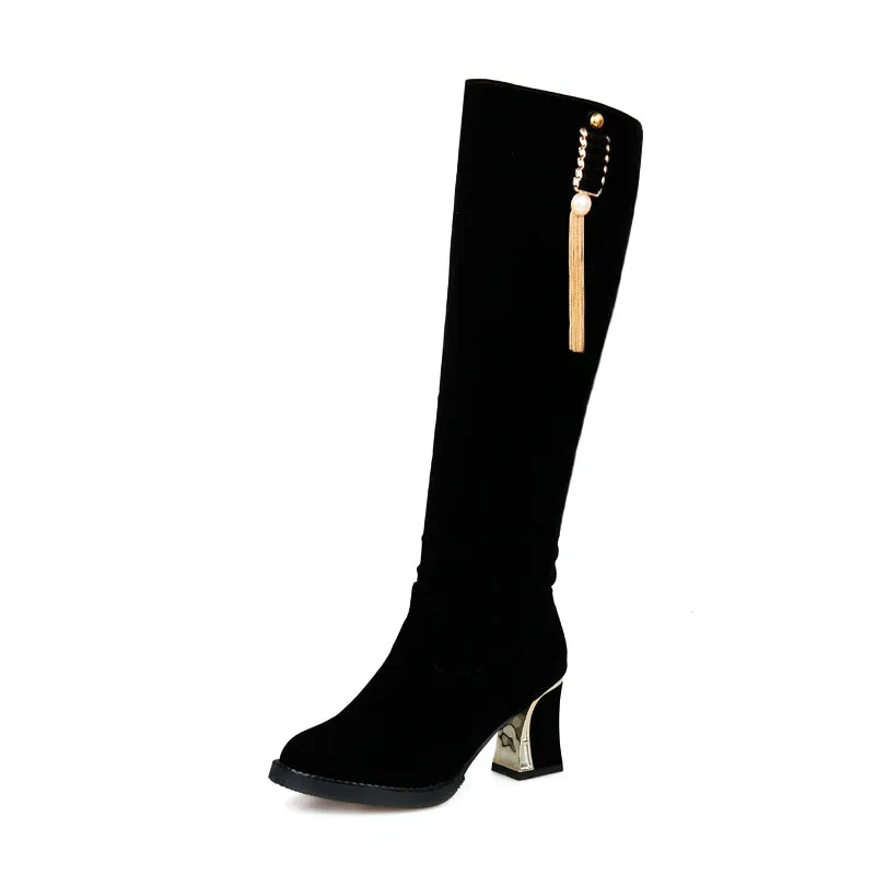 Velvet Knee High Boots with 6cm Heels for Autumn/Winter