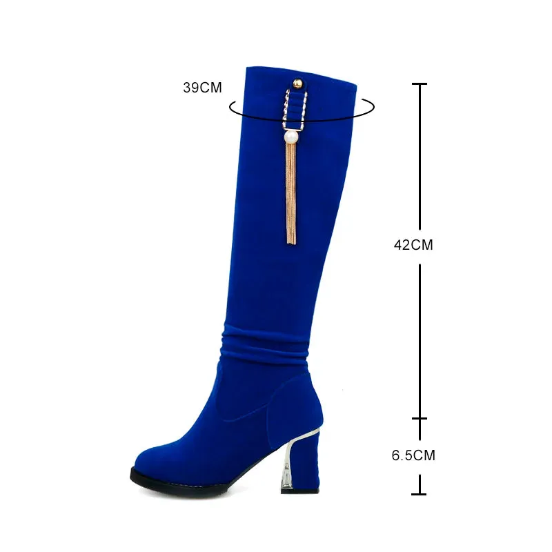 Velvet Knee High Boots with 6cm Heels for Autumn/Winter