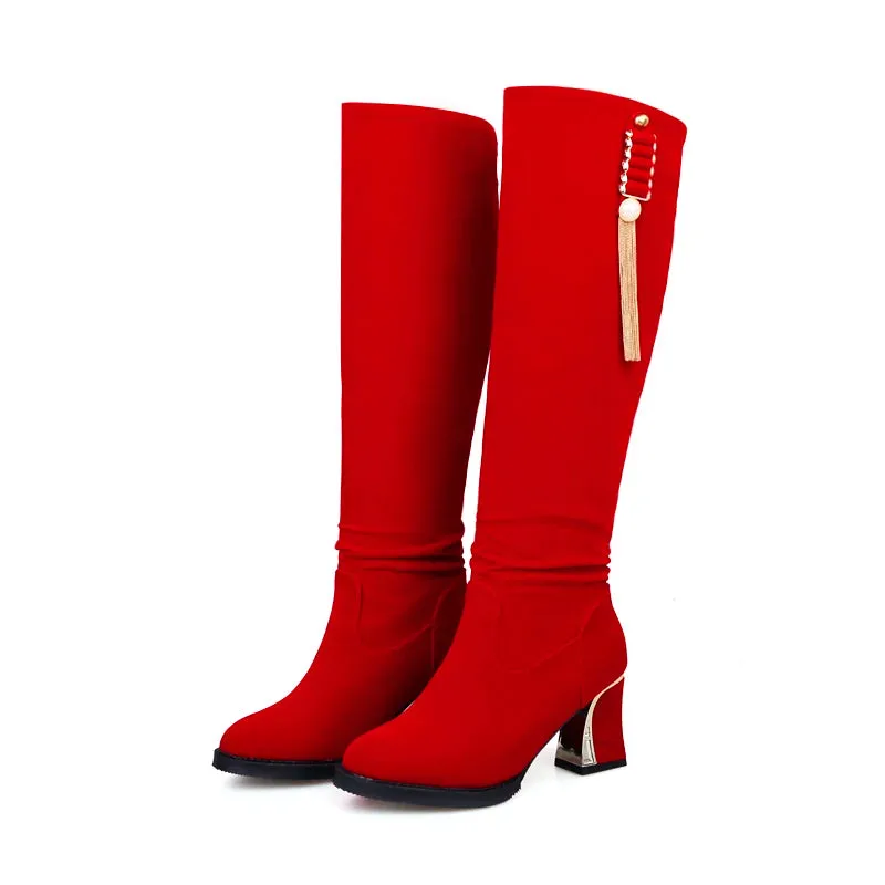 Velvet Knee High Boots with 6cm Heels for Autumn/Winter