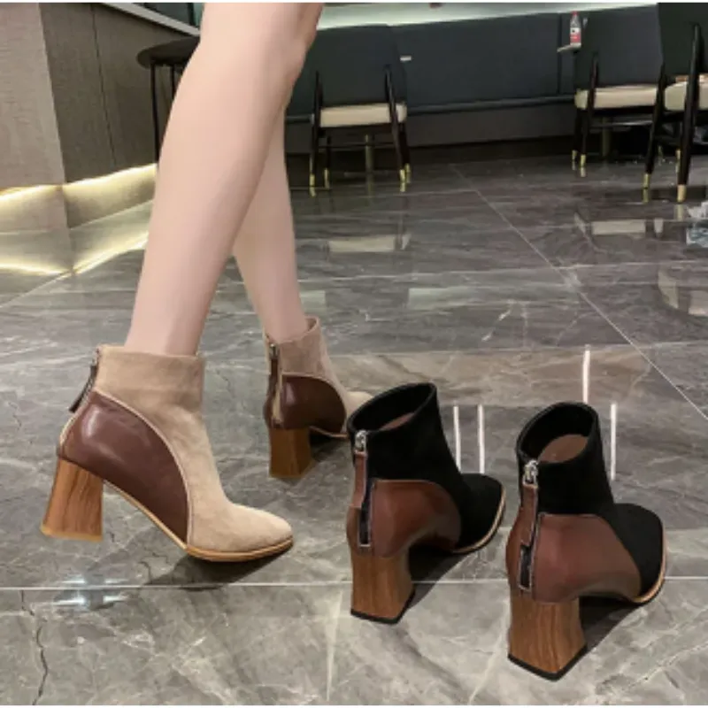 Women - Ankle Boots - Block Heels with Side Zipper - Stylish Footwear for Every Occasion