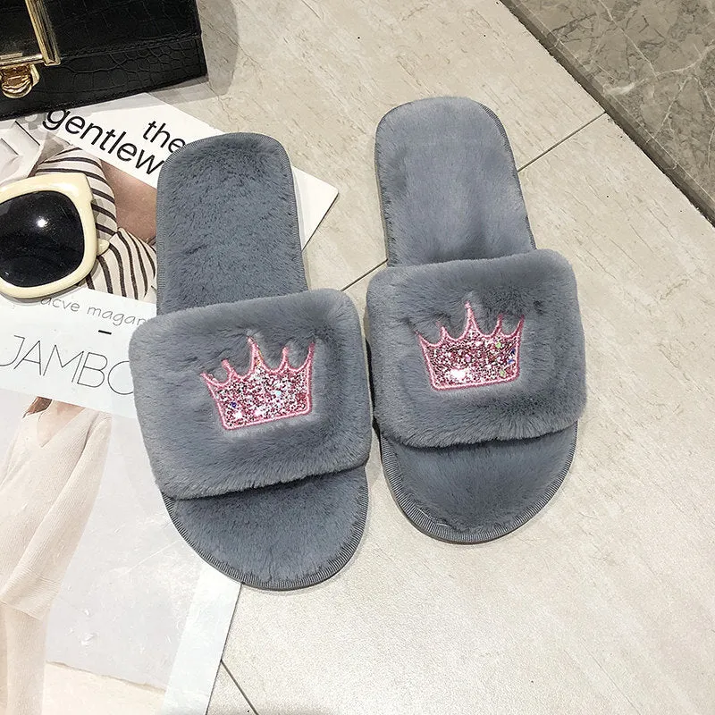 Womens Plush Faux-Fur Slippers