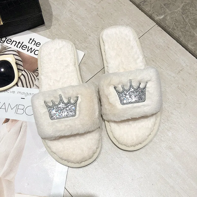 Womens Plush Faux-Fur Slippers