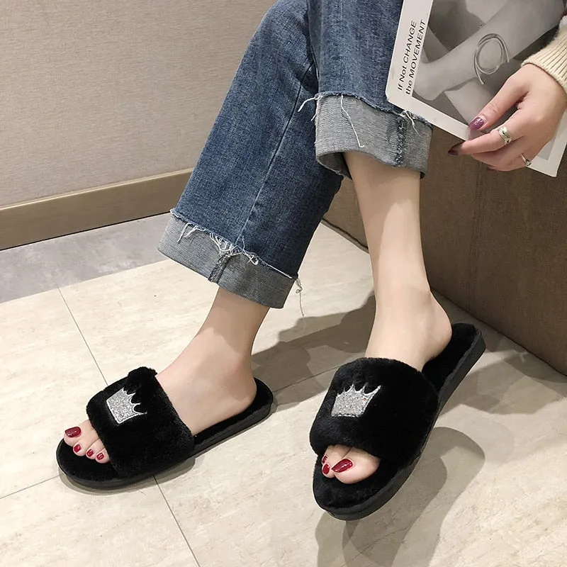 Womens Plush Faux-Fur Slippers