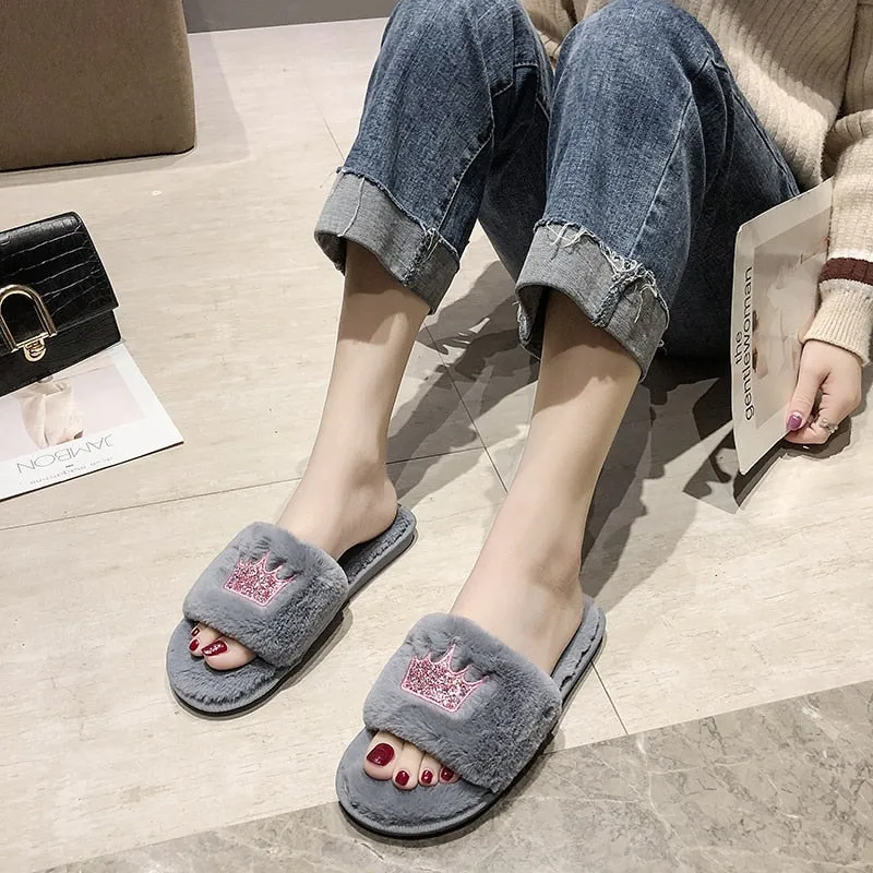 Womens Plush Faux-Fur Slippers
