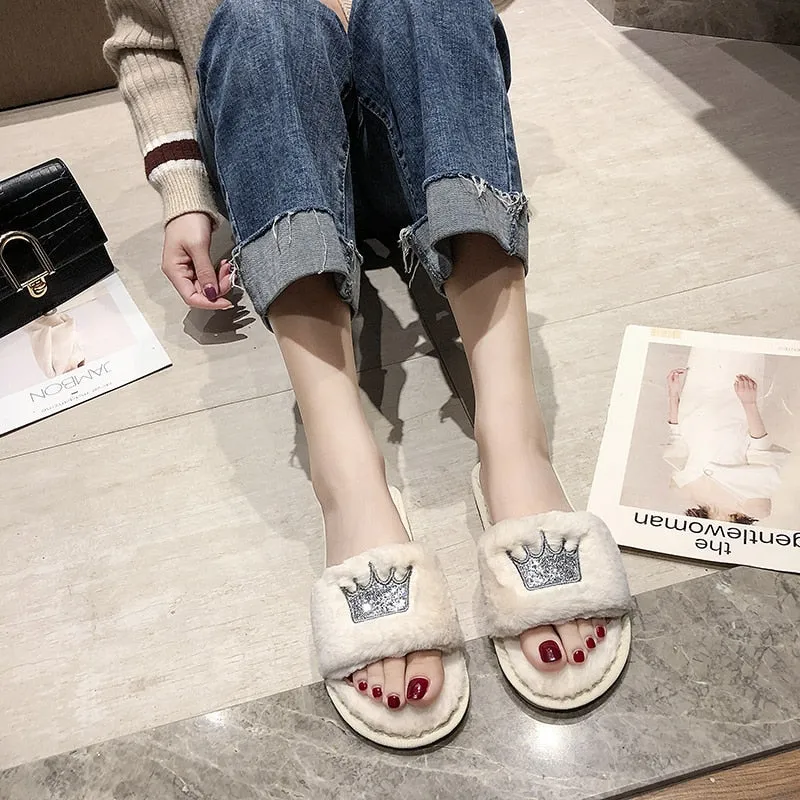 Womens Plush Faux-Fur Slippers