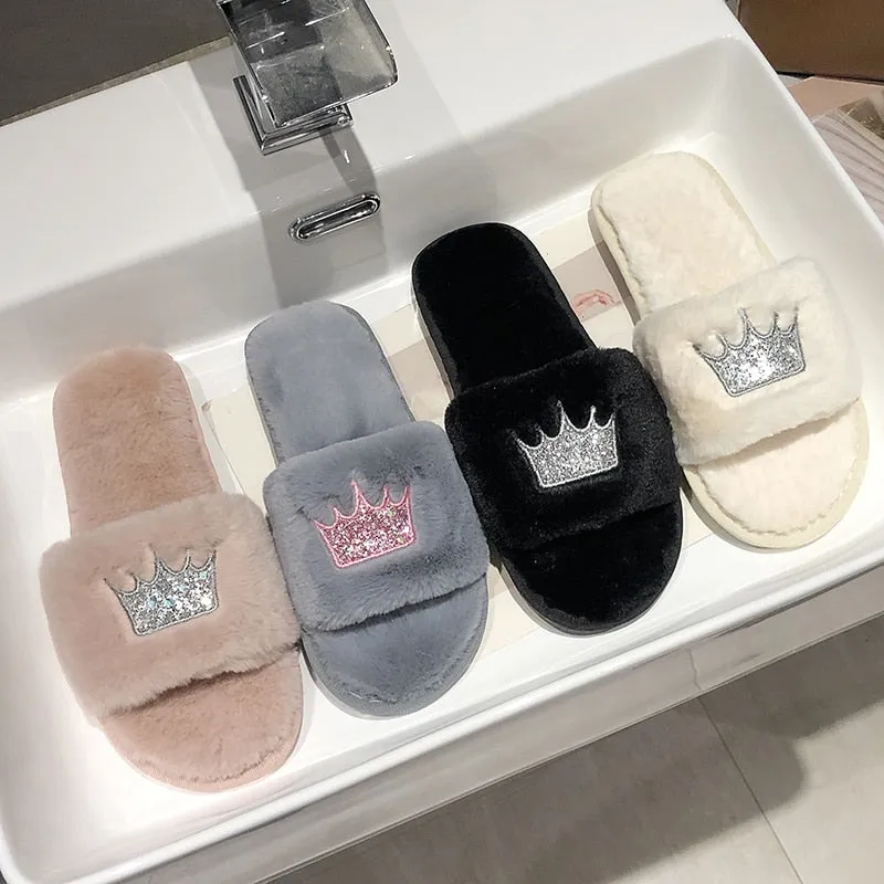 Womens Plush Faux-Fur Slippers
