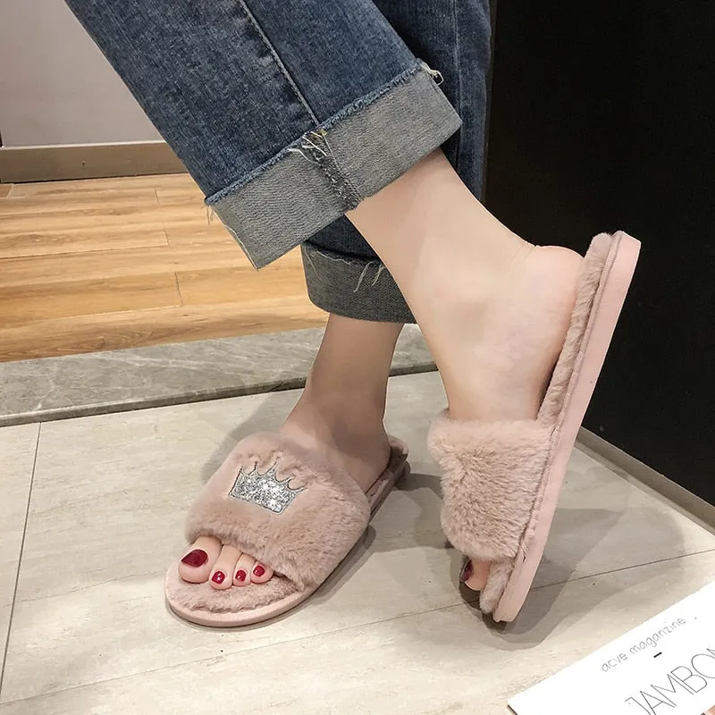 Womens Plush Faux-Fur Slippers
