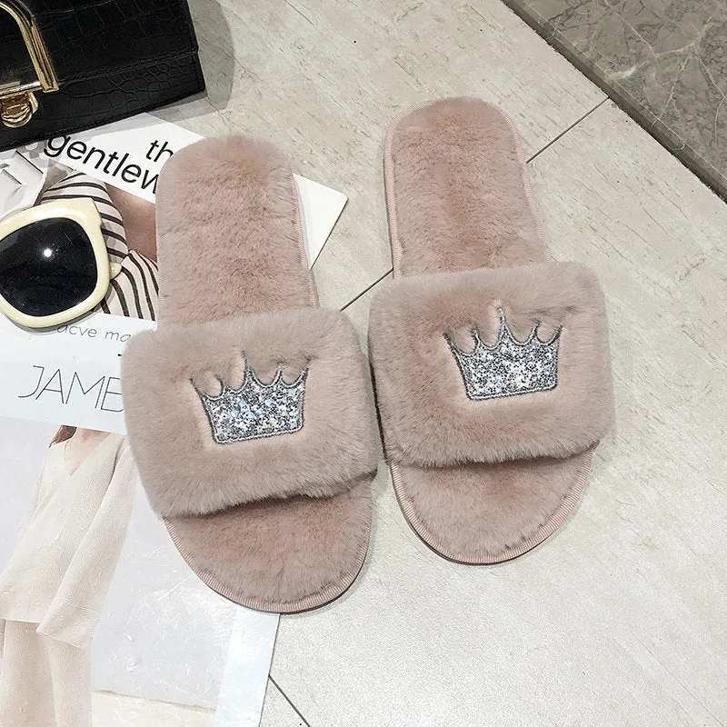 Womens Plush Faux-Fur Slippers