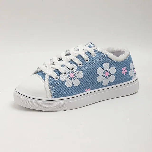 Women's Sneakers Plus Size Canvas Shoes Outdoor Daily Flat Heel Round Toe Sporty Casual Walking Shoes Canvas Lace-up Floral Dark Grey White Yellow